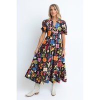 Black Retro Floral Printed Split Neck Maxi Dress - S thumbnail