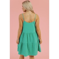 Sea Green Textured Buttoned Thin Strap Tiered Loose Fit Mini Dress - S thumbnail