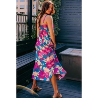 Dark Blue Floral High Waist Sleeveless Flared Long Dress - M thumbnail