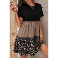 Light French Beige Leopard Print Colorblock Frill Trim T-shirt Dress - M thumbnail