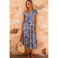 Sky Blue Boho Printed Short Sleeve Flare Tiered Dress - M thumbnail