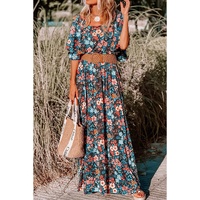Sky Blue Floral Knotted Back Square Neck Maxi Dress - S thumbnail