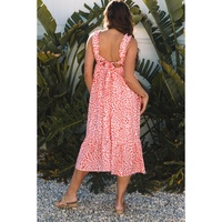 Pink Geometric Print Knot Back Sleeveless Ruffle Hem Dress - L thumbnail