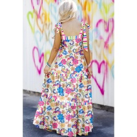 Rose Red Striped Trim Self-tie Straps Floral Maxi Dress - S thumbnail