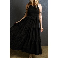 Black Spaghetti Straps Smocked Pleated Tiered Maxi Dress - S thumbnail