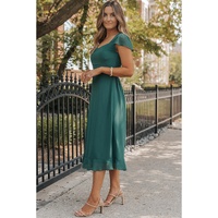 Sea Green Shirred Open Back Sweetheart Neck Ruffled Midi Dress - M thumbnail