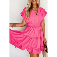 Strawberry Pink Ruched Sleeve V Neck Smock Waist Tiered Ruffled Dress - S thumbnail