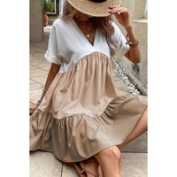 Light French Beige Triple Colors V Neck Folded Cuffs Tiered Loose Dress - L thumbnail