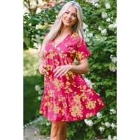 Rose Floral Print Batwing Sleeve Smock Dress - M thumbnail