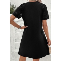 Black Contrast Lace Raglan Sleeve Pleated Detail Shift Dress - S thumbnail