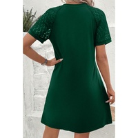 Green Contrast Lace Raglan Sleeve Pleated Detail Shift Dress - M thumbnail