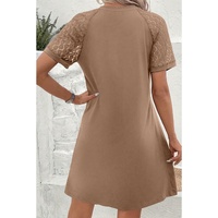 Light French Beige Contrast Lace Raglan Sleeve Pleated Detail Shift Dress - L thumbnail