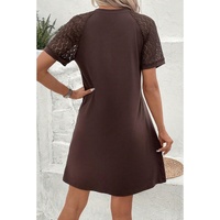 Dark Brown Contrast Lace Raglan Sleeve Pleated Detail Shift Dress - 2XL thumbnail