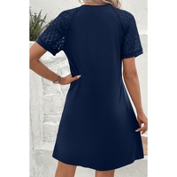 Navy Blue Contrast Lace Raglan Sleeve Pleated Detail Shift Dress - L thumbnail