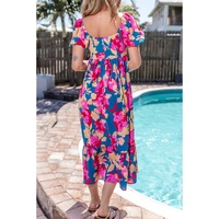 Dark Blue Square Neck Bubble Sleeve Ruffled Floral Dress - M thumbnail