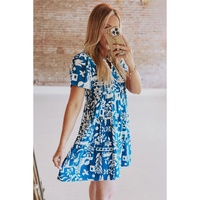 Blue Ricrac Trim Split Neck Floral Loose Dress - M thumbnail