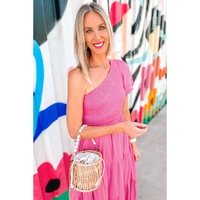 Strawberry Pink Asymmetric Puff Sleeve Smocked Bodice Tiered Midi Dress - XL thumbnail