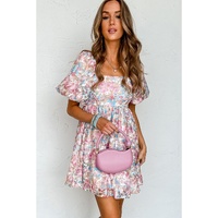 Pink Floral Puff Sleeve Square Neck Smock Ruffled Dress - L thumbnail