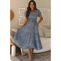 Blue Printed V Neck Shirred Short Puff Sleeve Maxi Dress - L thumbnail