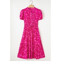 Rose Red Floral Print Pleated Drawstring Flowy Midi Dress - S thumbnail