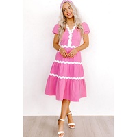 Bonbon Ric Rac Trim Short Puff Sleeve Flowy Midi Dress - L thumbnail