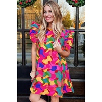 Rose Red Abstract Print Ruffle Sleeve Shift Dress - M thumbnail