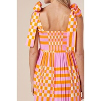 Pink Boho Gingham Tied Straps Smocked Maxi Dress - XL thumbnail