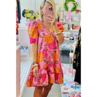 Pink Floral Bubble Sleeve V Neck Ruffled Mini Dress - L thumbnail