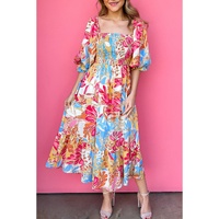 Rose Red Tropical Print Smocked Bodice Puff Sleeve Maxi Dress - M thumbnail
