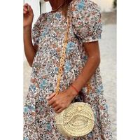 Apricot Bohemian Floral Print Short Puff Sleeve Mini Dress - L thumbnail