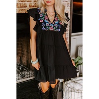 Black Floral Embroidered Tiered Ruffled Mini Dress - M thumbnail