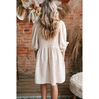 White Textured Ruffled Puff Sleeve Loose Dress - S thumbnail