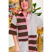 Brown Stripe Striped Textured Patchwork Buttoned T Shirt Dress - L thumbnail
