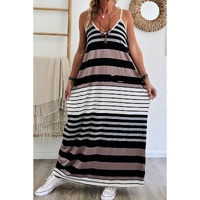 Multicolour Mixed Stripes Spaghetti Straps V Neck Maxi Dress - L thumbnail