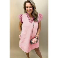 Light Pink Textured Puff Sleeve Ruffled V Neck Shift Mini Dress - L thumbnail