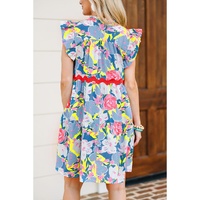 Sky Blue Floral Printed V Notched Ric Rac Flutter Sleeve Dress - M thumbnail