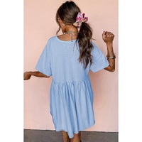 Sky Blue Solid Color Pocketed Raw Edge Babydoll Dress - S thumbnail