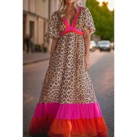 Bright Pink Leopard Colorblock Patchwork Bubble Sleeve Maxi Dress - S thumbnail