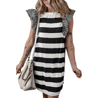 Black Stripe Contrast Ruffled Sleeve T-shirt Dress - S thumbnail