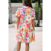 Pink Floral Puff Sleeve Collar Buttoned Babydoll Dress - L thumbnail