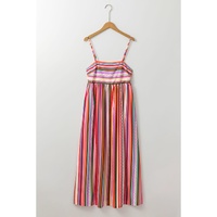 Multicolour Striped Thin Straps Smocked Back Boho Maxi Dress - L thumbnail