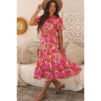 Rose Floral Short Sleeve Smocked Waist Maxi dress - M thumbnail