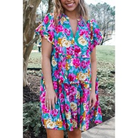 Green Rose Floral Print Ruffled Short Dress - M thumbnail