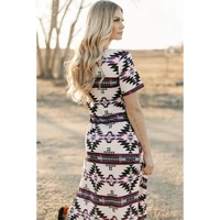 Beige Western Aztec Printed Long T-shirt Dress - L thumbnail