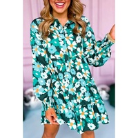Green Floral Tiered Long Puff Sleeve Shirt Dress - M thumbnail