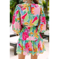 Green Multicolor Botanical Bubble Sleeve Mini Dress - S thumbnail