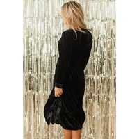 Black Velvet Buttoned Puff Sleeve V Neck Split Midi Dress - S thumbnail
