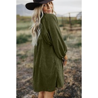 Vineyard Green Corduroy Snap Buttons Empire Waist Bracelet Sleeve Dress - M thumbnail