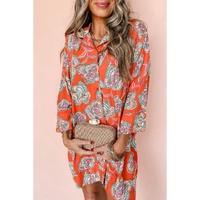 Red Floral Print Lapel Collar Loose Shirt Mini Dress - L thumbnail