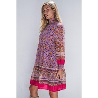 Purple Floral Smocked Puff Sleeve High Neck Mini Dress - S thumbnail